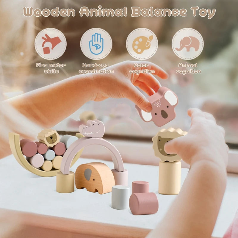 Wooden Rainbow & Animal Balance Blocks – Montessori-Inspired Stacking Toy for Toddlers