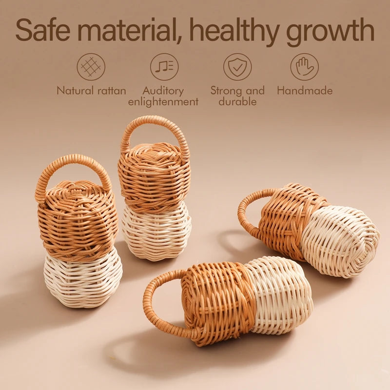 Natural Rattan Bell Rattle – Montessori-Inspired Wooden Baby Toy for Sensory Exploration