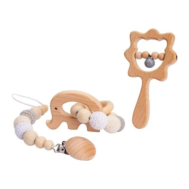 Natural Wooden Baby Sensory Set – Teether, Rattle & Pacifier Clip with Plush Crochet Beads