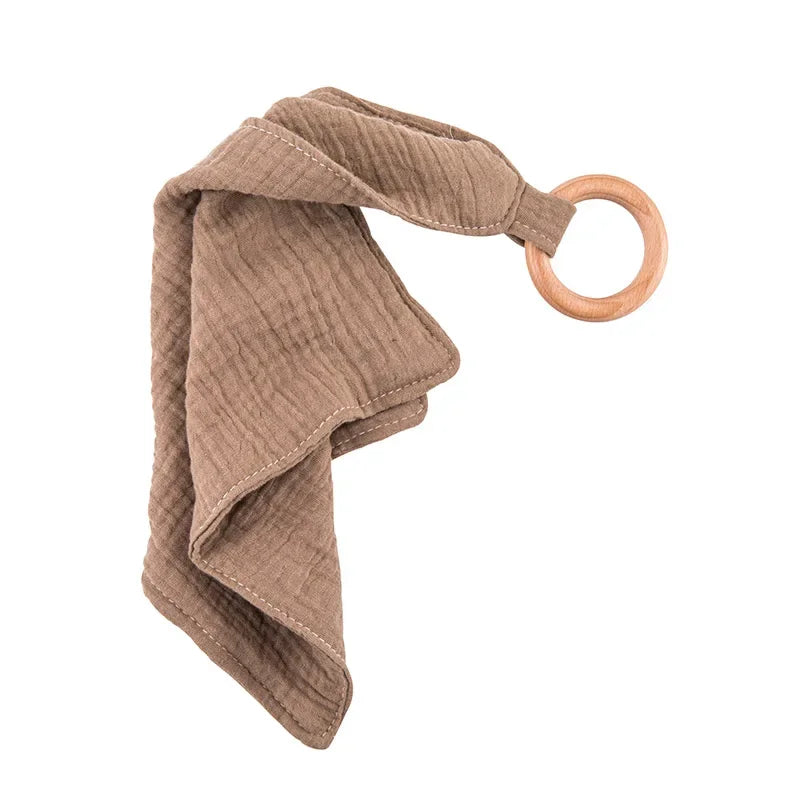 Muslin Baby Teether Comforter – Cotton Security Blanket with Beech Wood Ring