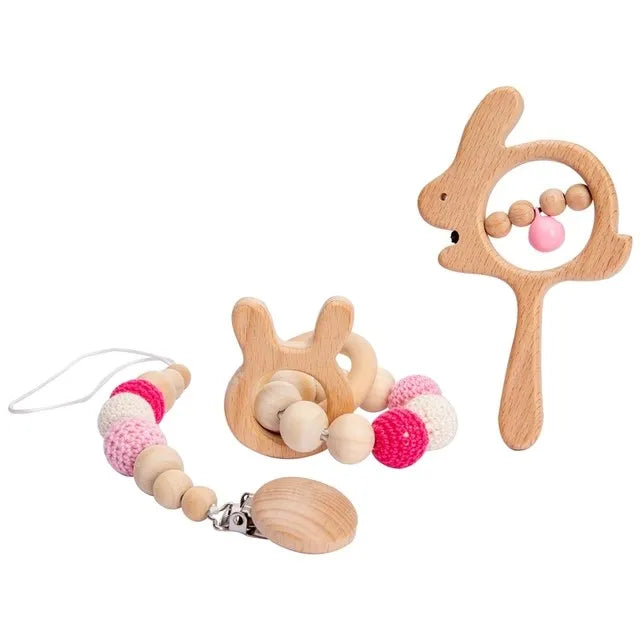 Natural Wooden Baby Sensory Set – Teether, Rattle & Pacifier Clip with Plush Crochet Beads