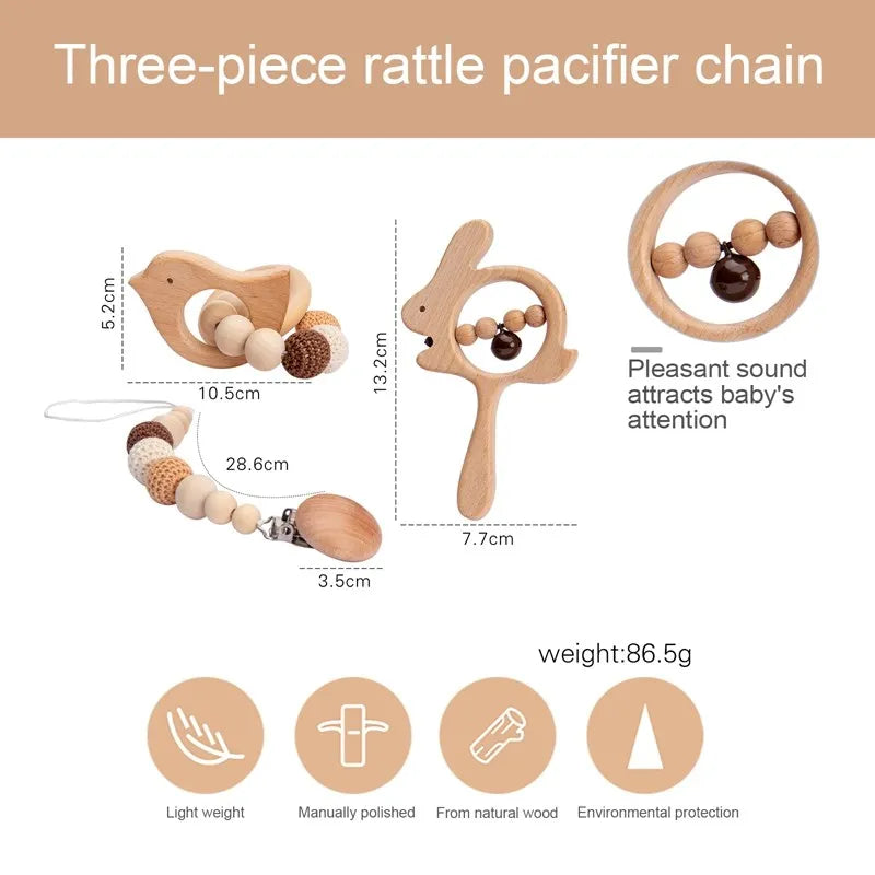 Natural Wooden Baby Sensory Set – Teether, Rattle & Pacifier Clip with Plush Crochet Beads