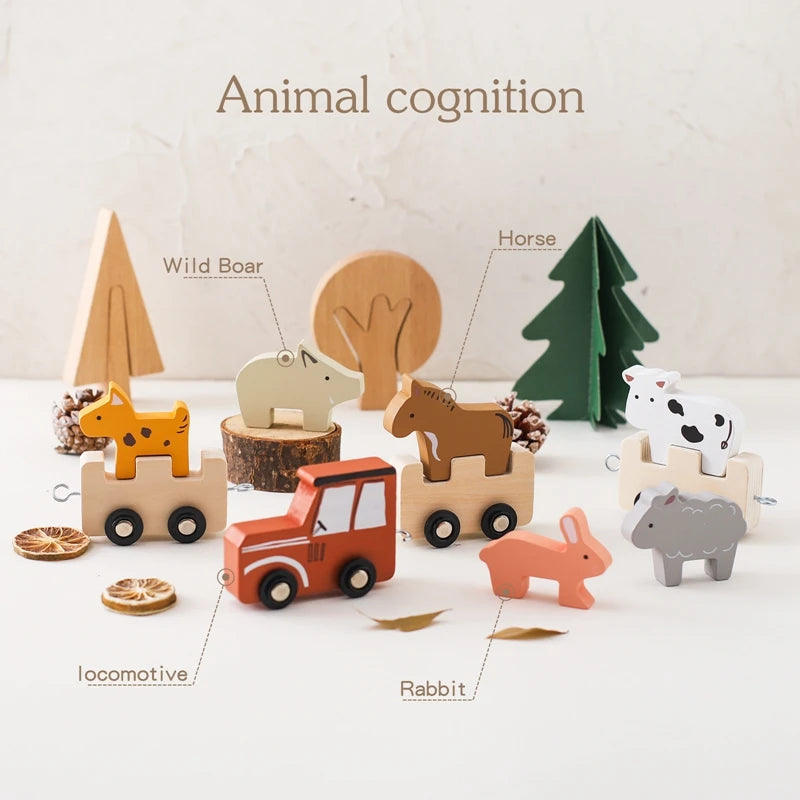 Montessori Wooden Farm Train Set – Stacking & Pull Toy with Animal Blocks