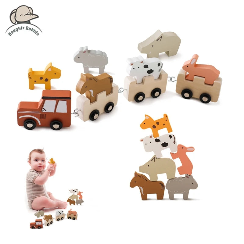 Montessori Wooden Farm Train Set – Stacking & Pull Toy with Animal Blocks