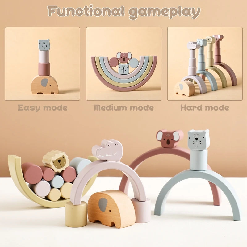 Wooden Rainbow & Animal Balance Blocks – Montessori-Inspired Stacking Toy for Toddlers