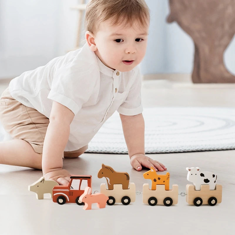 Montessori Wooden Farm Train Set – Stacking & Pull Toy with Animal Blocks