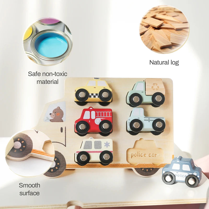 Wooden Vehicle Sorting Puzzle – Rolling Car Matching Board