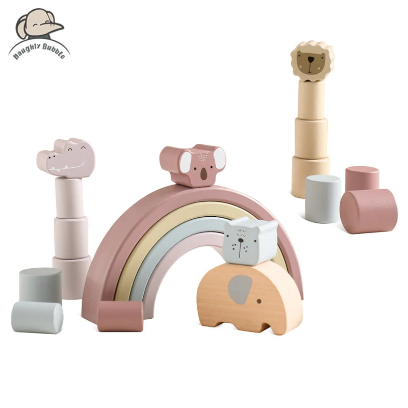 Wooden Rainbow & Animal Balance Blocks – Montessori-Inspired Stacking Toy for Toddlers