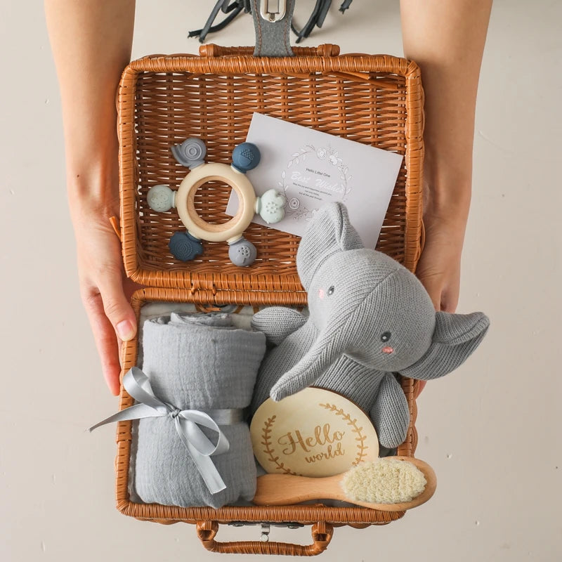Baby Crochet Elephant Gift Set with Teether, Towel & Brush