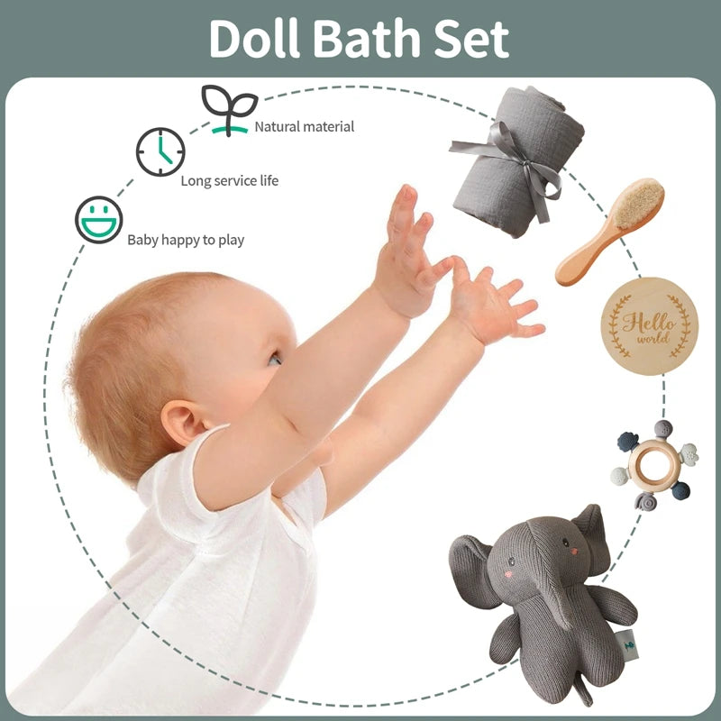 Baby Crochet Elephant Gift Set with Teether, Towel & Brush