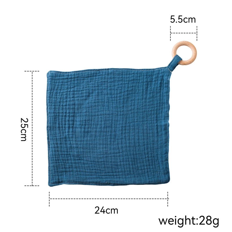 Muslin Baby Teether Comforter – Cotton Security Blanket with Beech Wood Ring
