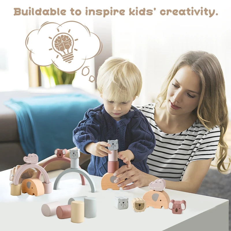 Wooden Rainbow & Animal Balance Blocks – Montessori-Inspired Stacking Toy for Toddlers