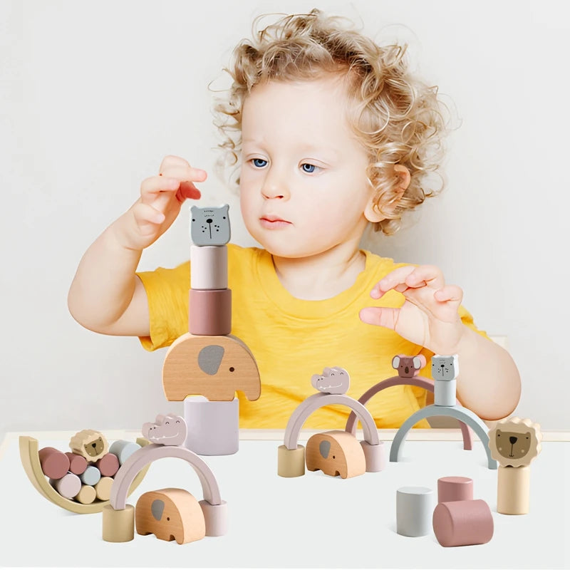 Wooden Rainbow & Animal Balance Blocks – Montessori-Inspired Stacking Toy for Toddlers