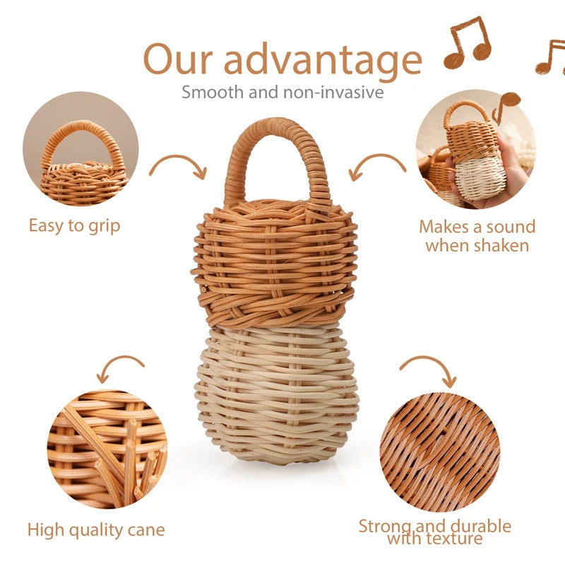Natural Rattan Bell Rattle – Montessori-Inspired Wooden Baby Toy for Sensory Exploration