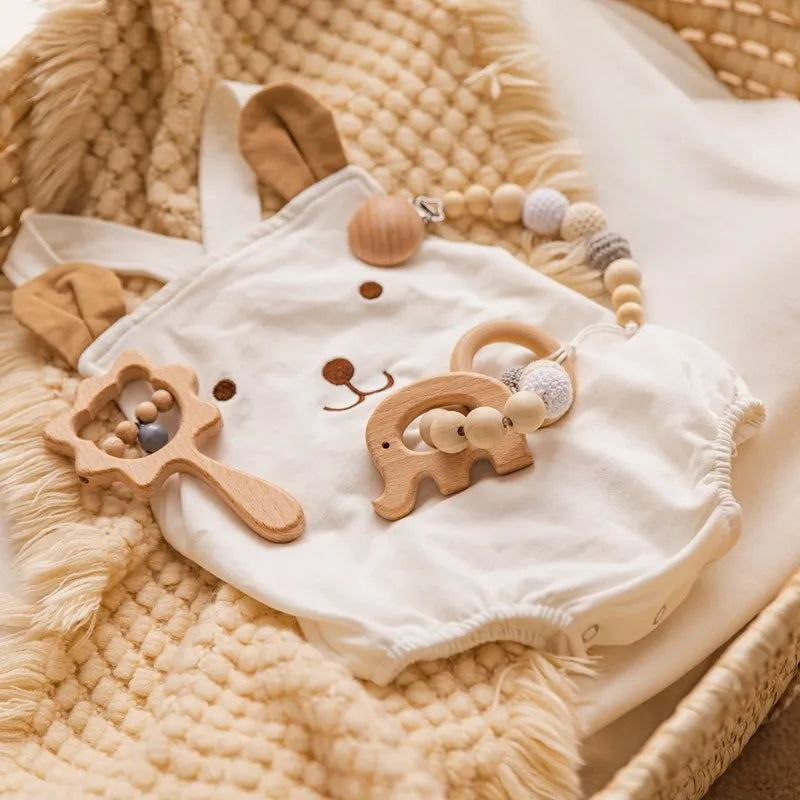 Natural Wooden Baby Sensory Set – Teether, Rattle & Pacifier Clip with Plush Crochet Beads