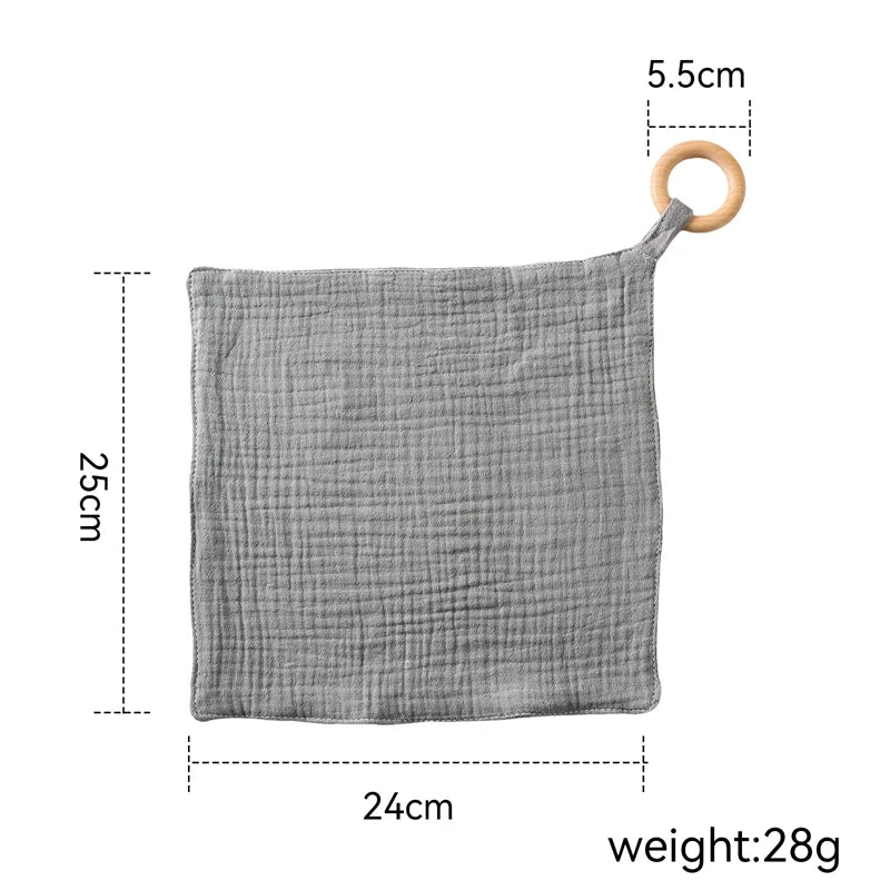 Muslin Baby Teether Comforter – Cotton Security Blanket with Beech Wood Ring