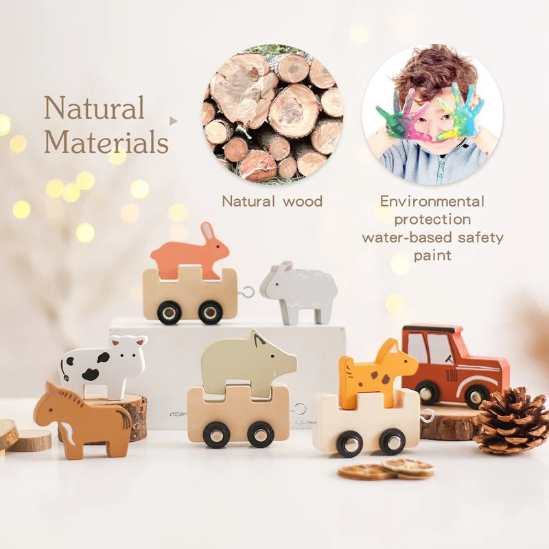 Montessori Wooden Farm Train Set – Stacking & Pull Toy with Animal Blocks