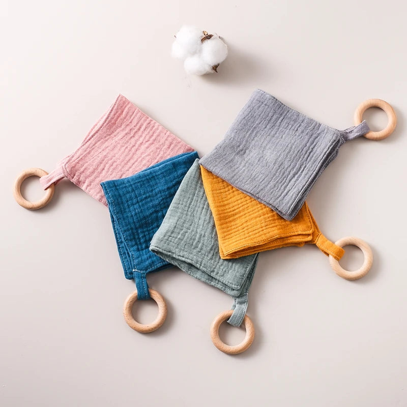 Muslin Baby Teether Comforter – Cotton Security Blanket with Beech Wood Ring
