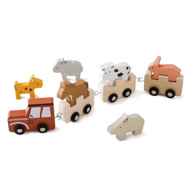 Montessori Wooden Farm Train Set – Stacking & Pull Toy with Animal Blocks