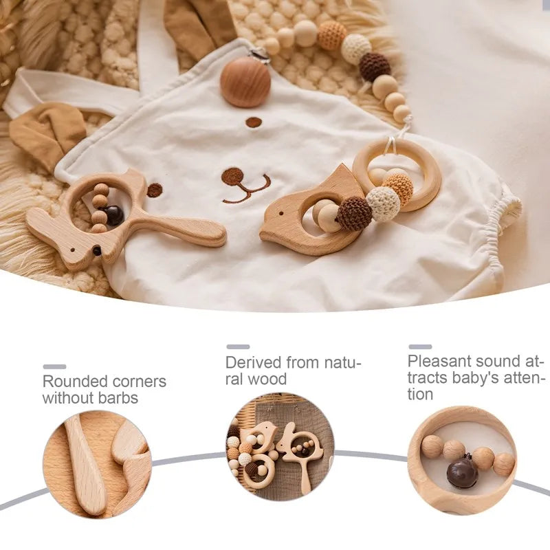 Natural Wooden Baby Sensory Set – Teether, Rattle & Pacifier Clip with Plush Crochet Beads