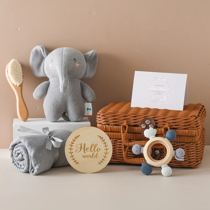 Baby Crochet Elephant Gift Set with Teether, Towel & Brush