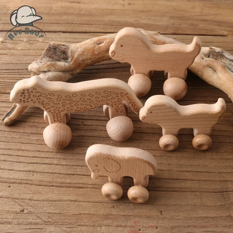 Wooden Animal Push Car Set – Organic Beech Baby Rolling Toys