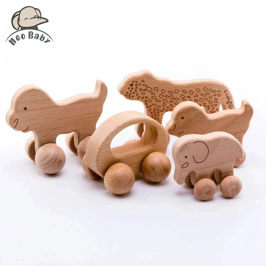 Wooden Animal Push Car Set – Organic Beech Baby Rolling Toys