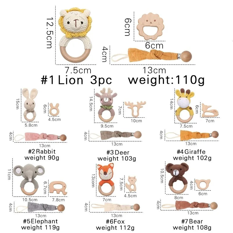 Crochet Animal Baby Gift Set – Newborn Sensory Toy Box with Teether, Rattle & Pacifier Clip