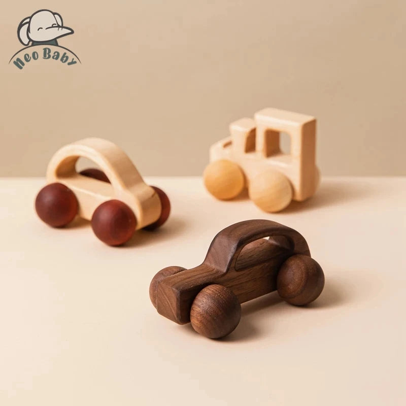 Wooden Animal Push Car Set – Organic Beech Baby Rolling Toys