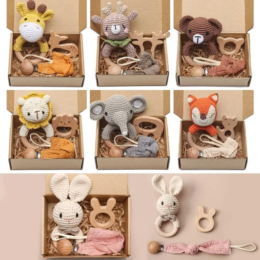 Crochet Animal Baby Gift Set – Newborn Sensory Toy Box with Teether, Rattle & Pacifier Clip