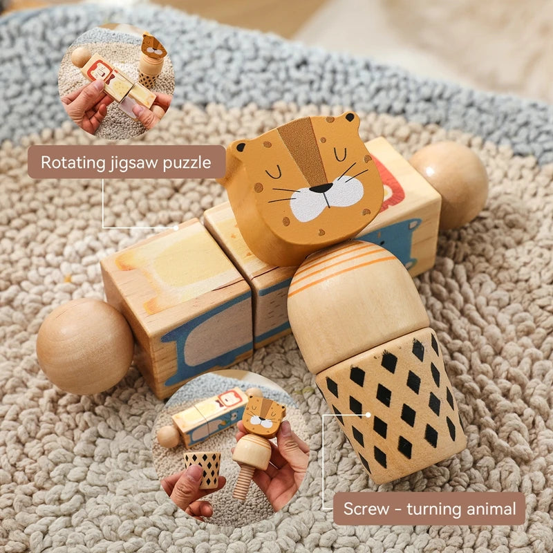Wooden Baby Puzzle Toys – Spinning Animal Shape Matching Blocks