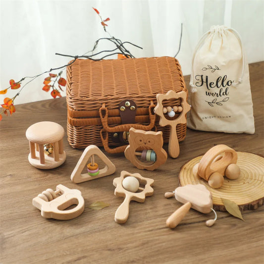 Wooden Baby Rattle Gift Set – Natural Sensory Toys for Infants