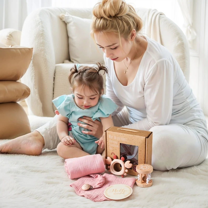 6-Piece Newborn Gift Set – Bath & Sensory Toy Collection with Teether, Towel, and Wooden Rattle