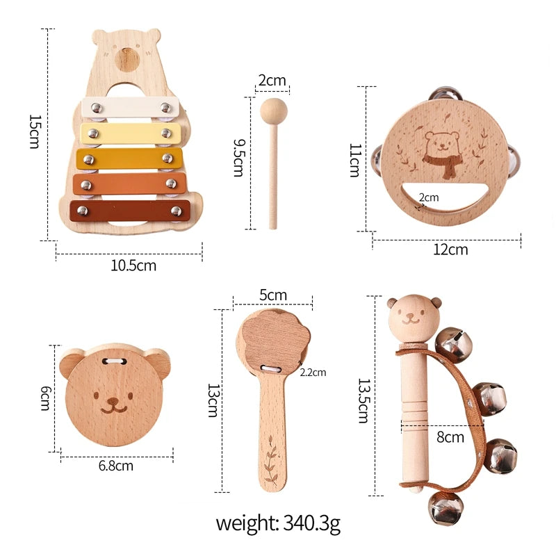 Montessori Musical Instrument Set for Babies & Toddlers – Rattle, Bell, Drum & Xylophone