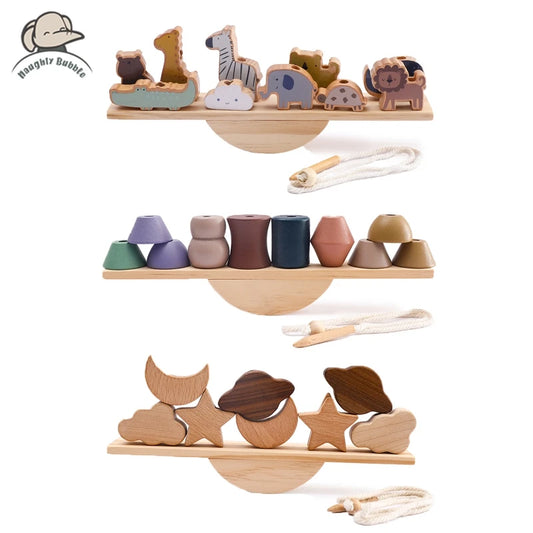 Wooden Balancing & Threading Toy Set – Animals, Shapes & Beads for Fine Motor Development