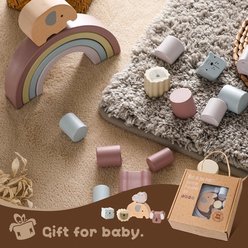 Wooden Rainbow & Animal Balance Blocks – Montessori-Inspired Stacking Toy for Toddlers