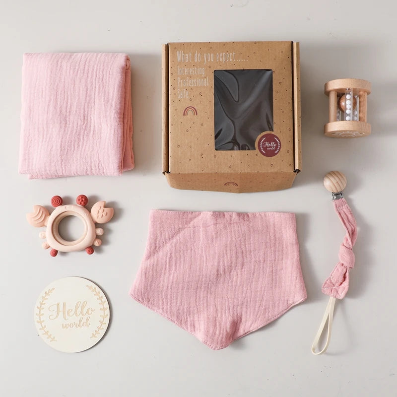 6-Piece Newborn Gift Set – Bath & Sensory Toy Collection with Teether, Towel, and Wooden Rattle