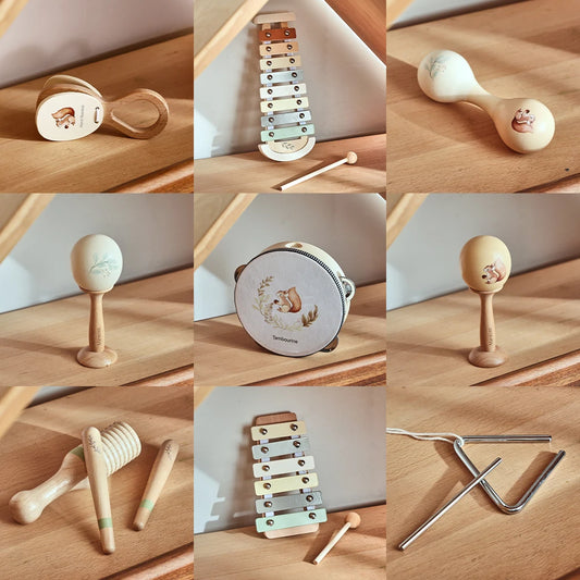 Montessori Musical Instrument Set for Babies & Toddlers – Rattle, Bell, Drum & Xylophone