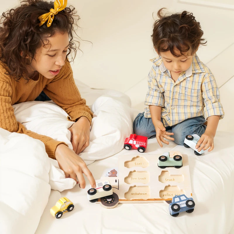 Wooden Vehicle Sorting Puzzle – Rolling Car Matching Board