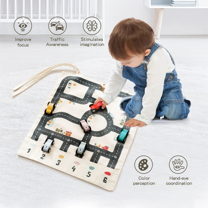 Canvas Road‑Map Game – Wooden Cars, Dice & Parking Mat