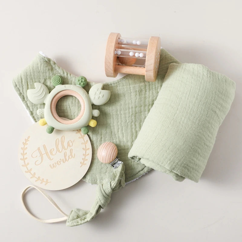 6-Piece Newborn Gift Set – Bath & Sensory Toy Collection with Teether, Towel, and Wooden Rattle