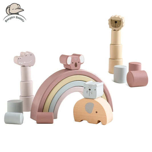 Wooden Rainbow & Animal Balance Blocks – Montessori-Inspired Stacking Toy for Toddlers