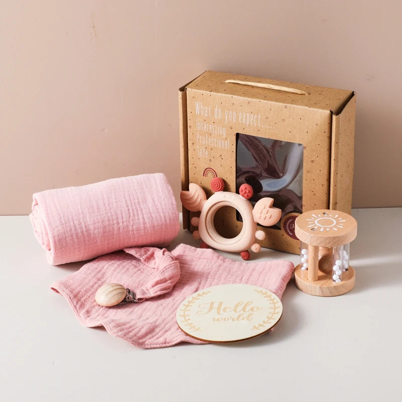 6-Piece Newborn Gift Set – Bath & Sensory Toy Collection with Teether, Towel, and Wooden Rattle