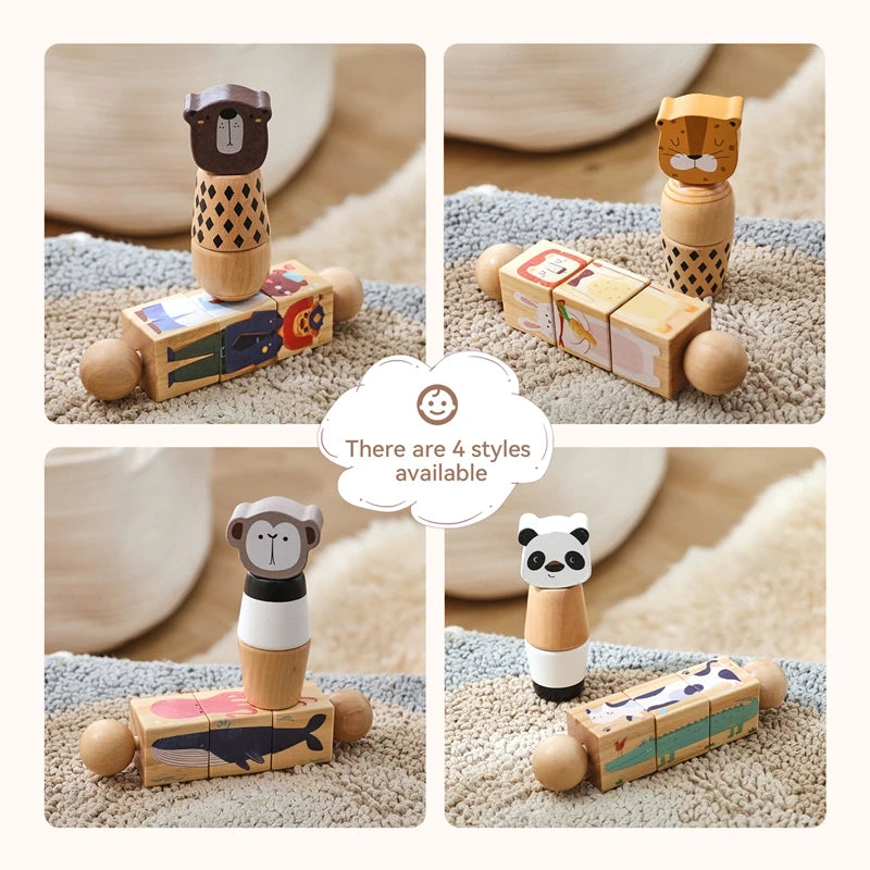 Wooden Baby Puzzle Toys – Spinning Animal Shape Matching Blocks