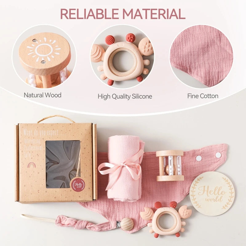 6-Piece Newborn Gift Set – Bath & Sensory Toy Collection with Teether, Towel, and Wooden Rattle