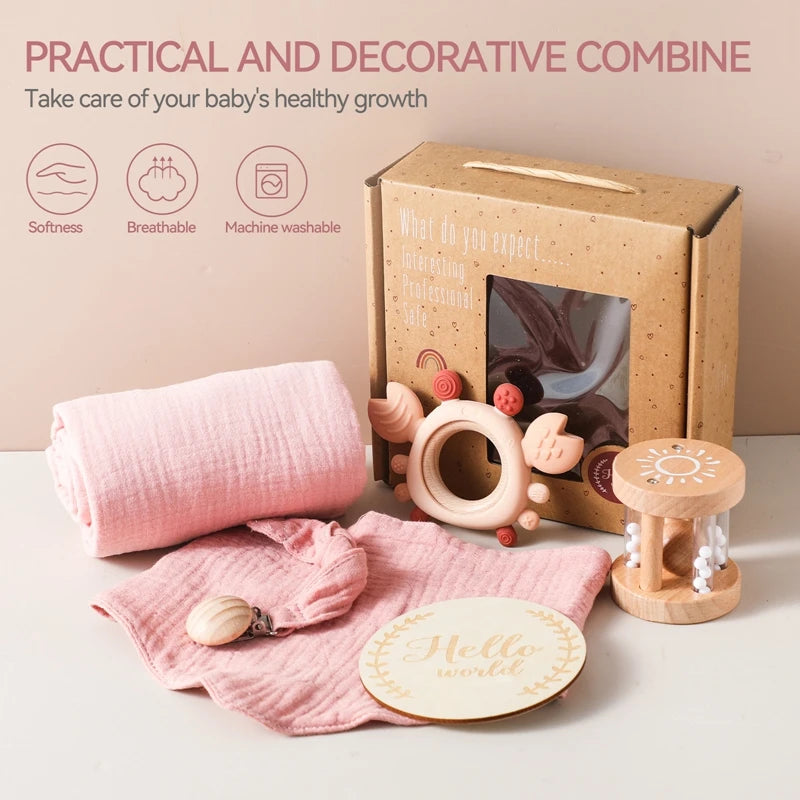 6-Piece Newborn Gift Set – Bath & Sensory Toy Collection with Teether, Towel, and Wooden Rattle