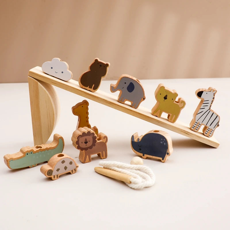 Wooden Balancing & Threading Toy Set – Animals, Shapes & Beads for Fine Motor Development