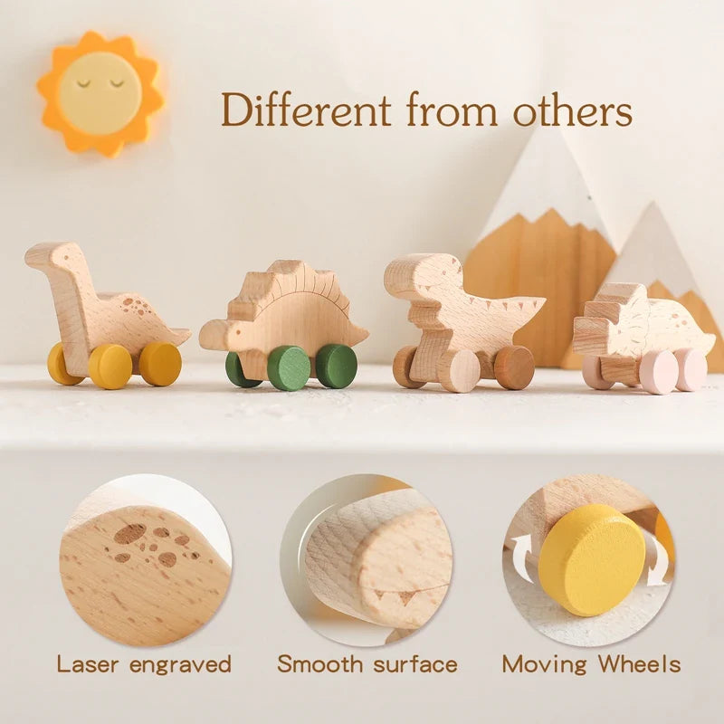 1 pc Beech Wood Montessori Toy Dinosaur with wheels multivariant-3