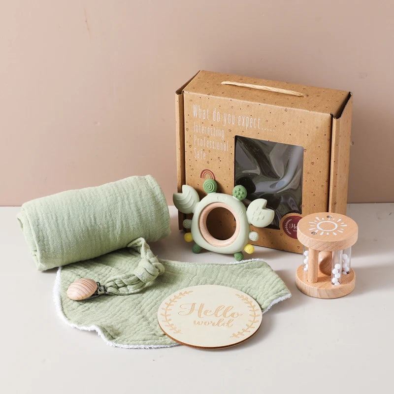 6-Piece Newborn Gift Set – Bath & Sensory Toy Collection with Teether, Towel, and Wooden Rattle