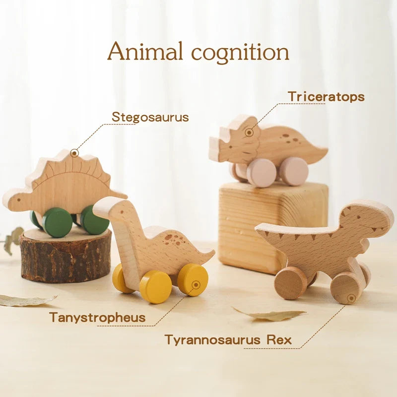 1 pc Beech Wood Montessori Toy Dinosaur with wheels multivariant-2